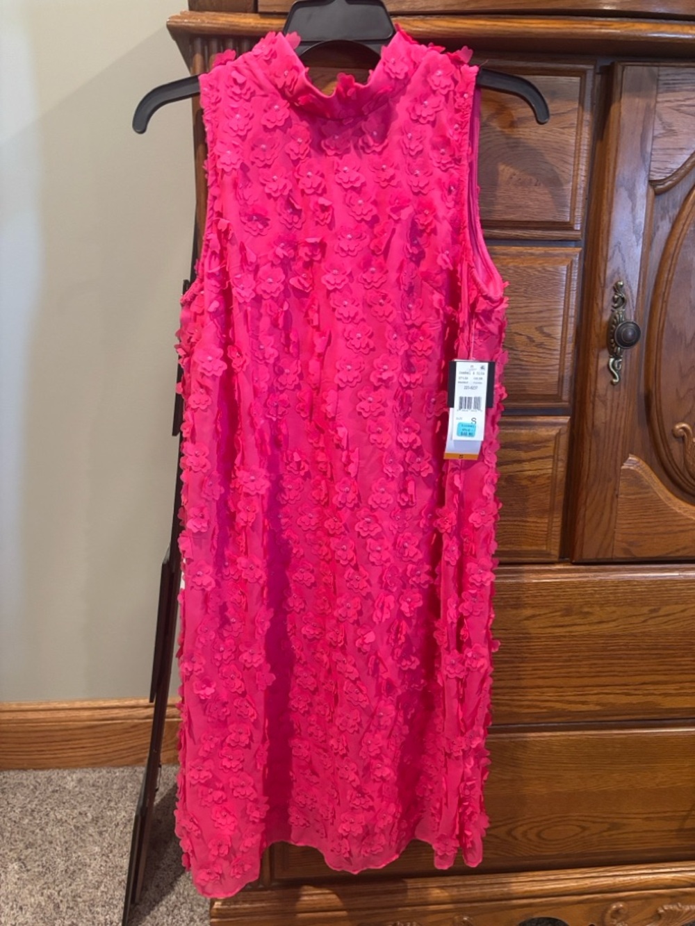 NWT, Women's Midi Dress - Hot Pink Floral Appliqué